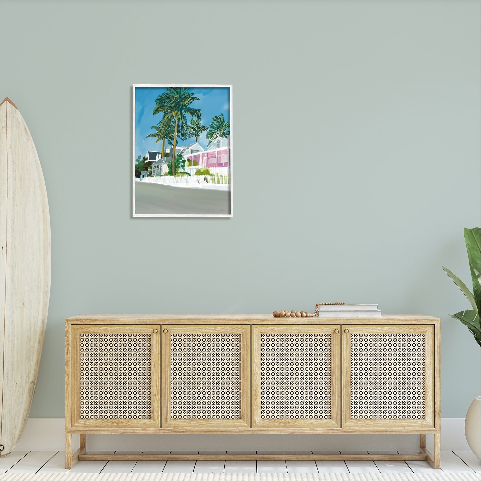 Stupell Industries Tropical Palm Trees Summer Vacation Resort Houses Graphic Art White Framed Art Print Wall Art, Design by Amelia Noyes