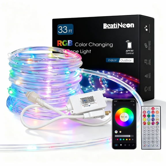 Beatineon 33ft APP Controlled RGB Rope Light, Smart LED Strip with 44-Key Remote, IP65 Waterproof, Connectable for Indoor Outdoor Holiday Decor, Music Sync