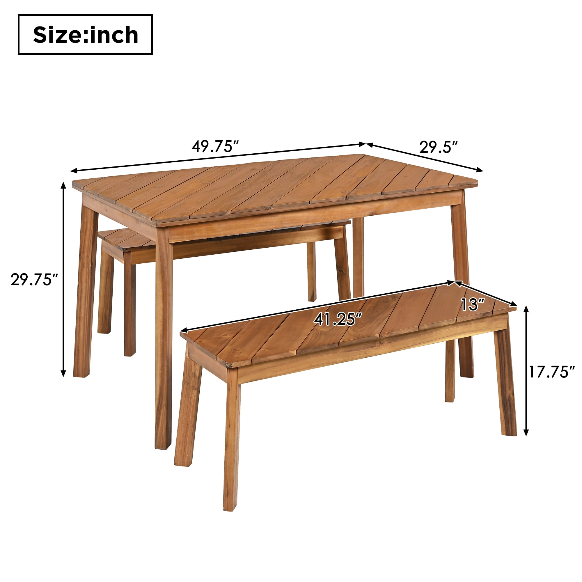 3 Pieces Acacia Wood Table Bench Dining Set For Outdoor & Indoor Furniture With 2 Benches, Picnic Beer Table for Patio, Porch, Garden, Poolside, Natural