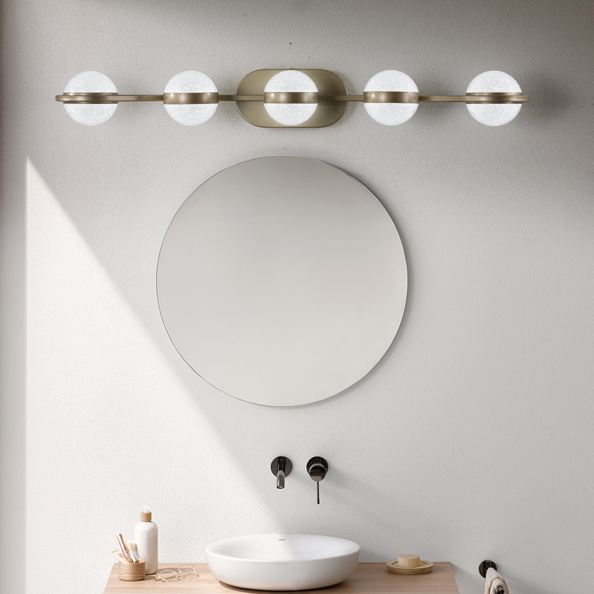 Jopath Bathroom Vanity Light, 5-Light Crystal Sand Acrylic Shades, Wall Mounted Decorative Lighting Fixture for Bathroom Vanity Mirror (Champagne Gold)