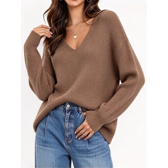 Womens Oversized Deep V Neck Sweaters Fall Winter Long Sleeve Knit Pullover Jumper