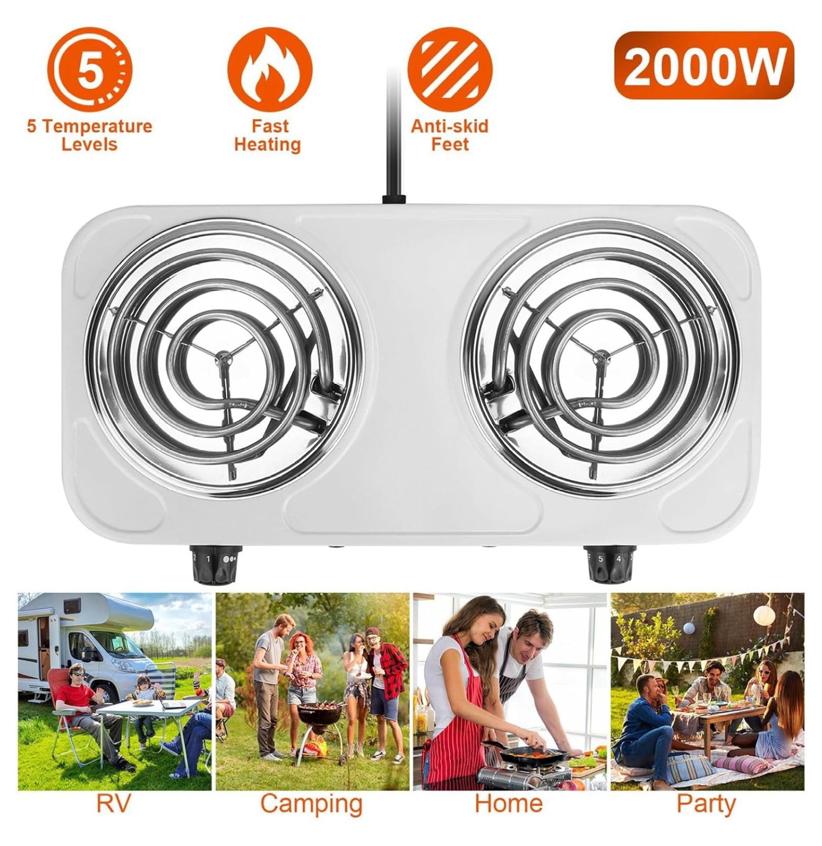Countertop Burner, Electric Double Burners 2000 Watts, Hot Plate Cooktop with 5 Temperature Control, Non Slip Rubber Feet, Portable Coil Heating Stove Countertop RV Hotplate for Home or Dorm(White 2)