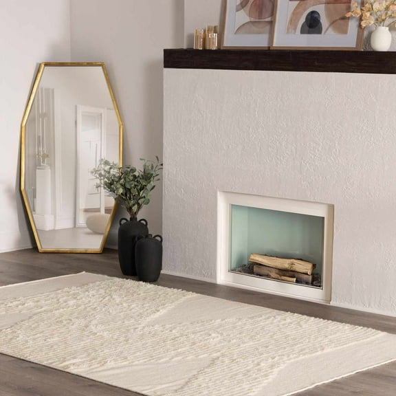 Hauteloom Wood Modern Moroccan Farmhouse Living Room Bedroom Small Area Rug - High Low Plush Pile - Bohemian Boho Soft Hand Woven Carpet - Cream - 2' x 3'