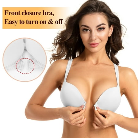 YANDW Front Closure Push-up Bra Strappy Thick Padded Cross Back Add 2 Cup Plunge Underwire Bras 38B  White