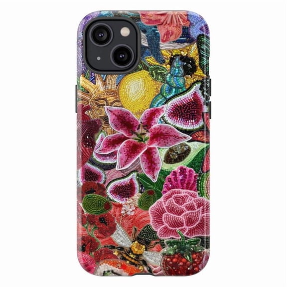 Vibrant Floral Beaded Phone Case, Colorful Pink & Red Flower Pattern with Glittering Details for iPhone 16 15 14 13 12 11 Pro Max Plus Mini
