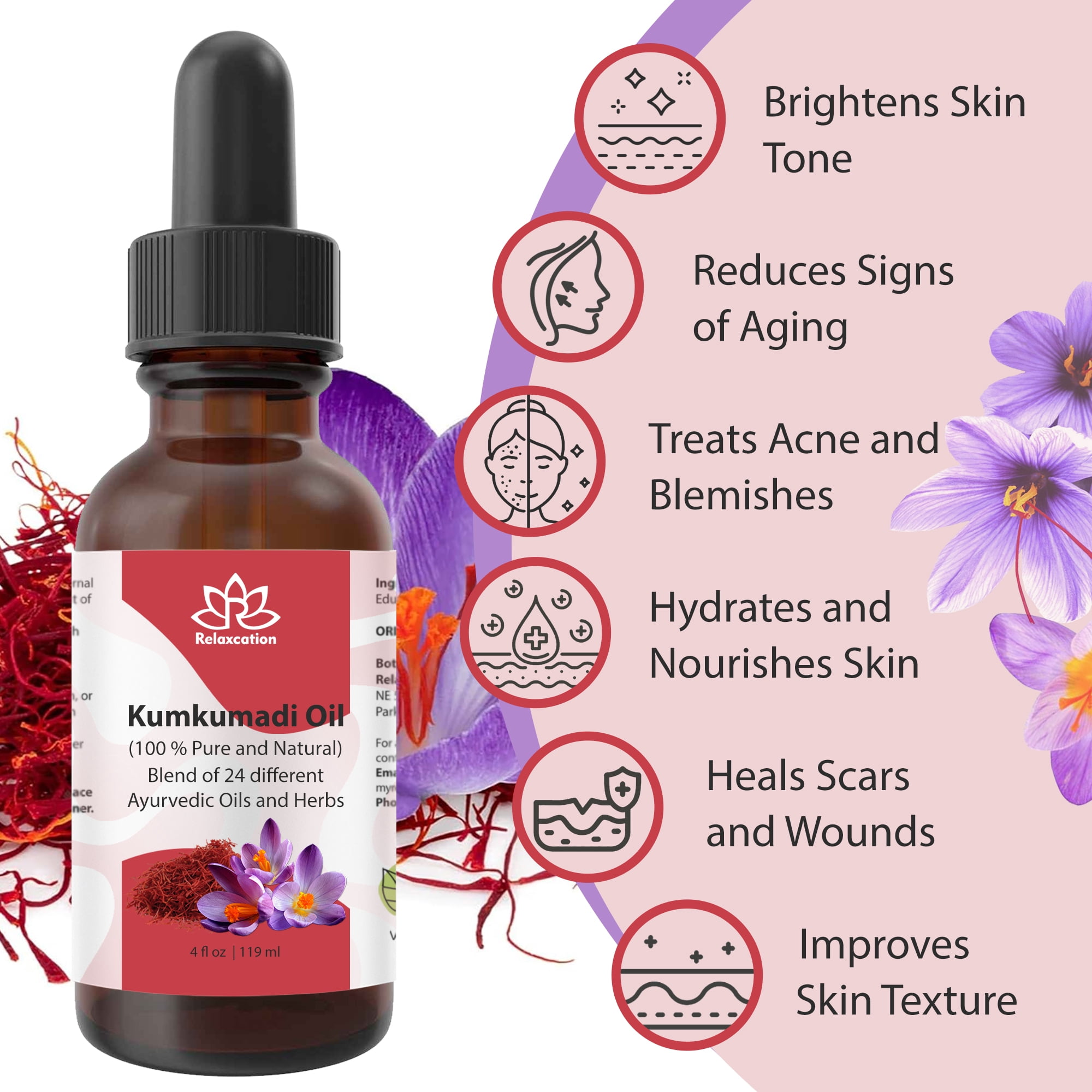 Kumkumadi Oil – Traditional Ayurvedic Facial Oil for Radiant-Looking Skin, Botanical Blend with Saffron, 0.5 fl oz by Relaxcation
