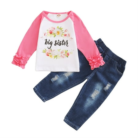 

Zukuco Toddler Baby Girl Clothes Ruffle Floral Shirt Top Ripped Denim Jeans Pant Set Little Girl Outfit