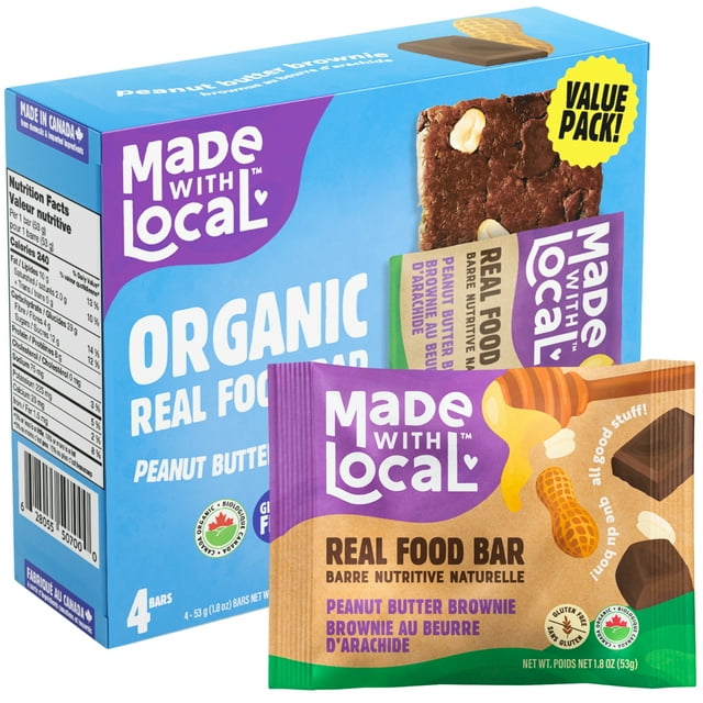 Made with Local Peanut Butter Brownie Organic Energy Bars (Organic, Gluten-Free, Non-GMO, 8g Protein, Simple Ingredients, Made in Canada), 4-Pack (212 g)