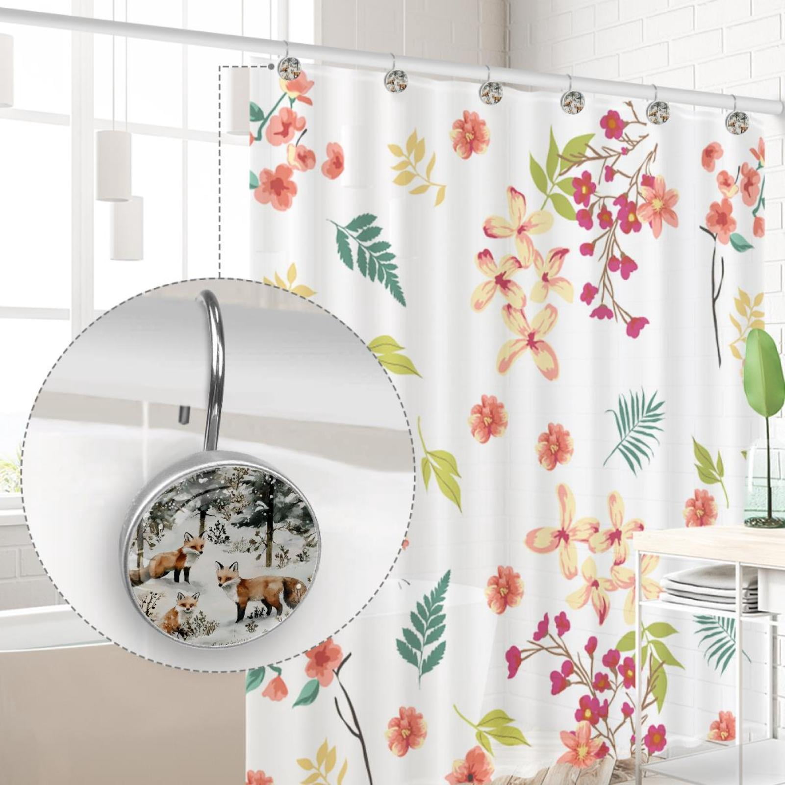 Watercolor Fox Family Shower Curtain Hooks Round Crystal Glass, Set of 12 Shower Curtain Rings - Shower Hooks for Curtain Shower Rings