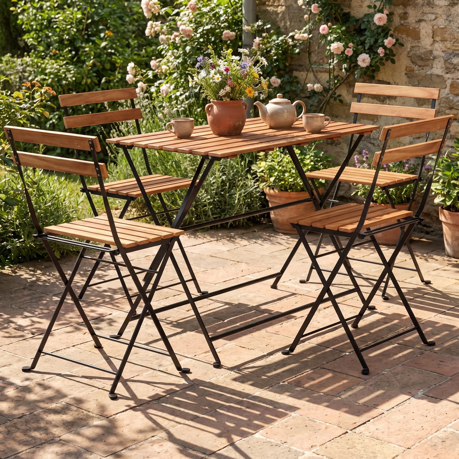 Furnibear 5 Piece Patio Dining Set, Acacia Wood Outdoor Furniture with 4 Folding Chairs and Dining Table for Garden Deck, Black and Brown