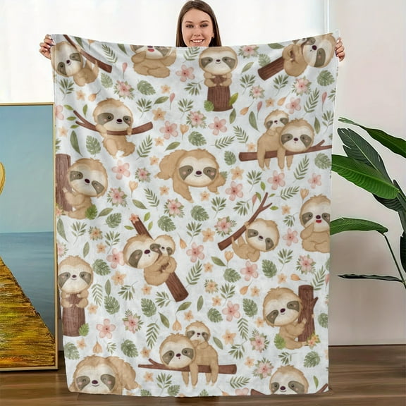 Cute Sloth Pattern Flannel Blanket Soft & Cozy High-Quality All-Season Throw Contemporary Cartoon Style with White Base Green Leaves & Brown Branches