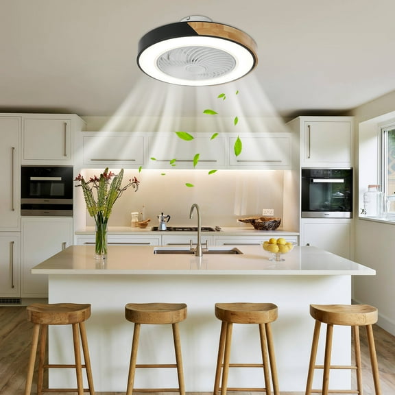 TOOL1SHOoo 21.6" Indoor Flush Mount Ceiling Fan with Light Remote Control Wood Grain Lampshade, 5-Blades,6 Speeds,Dimmable,85-220V