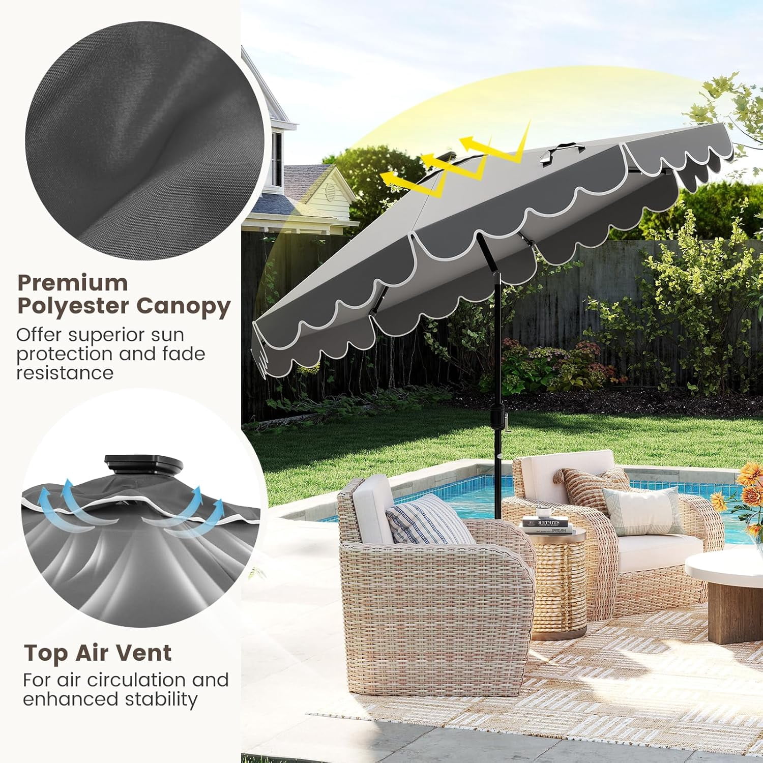 ZYPPP 9 FT Solar Patio Umbrella, 2-Tiers Scalloped Outdoor Table Market Umbrella with 32 LED Lights, Vented Top, Tilt Adjustment, Crank, 8 Ribs for Backyard Poolside Deck Beach Lawn (Gray)