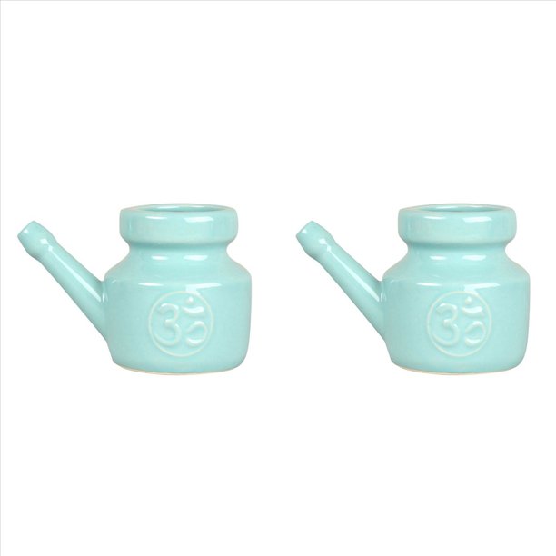 2X Olla Neti de CeráMica de 350 Ml para Limpieza de Nariz, Duradera, una Prueba de Fugas, para Enjuague Nasal, Lavado de Nariz, Hombres y Mujeres, Cian