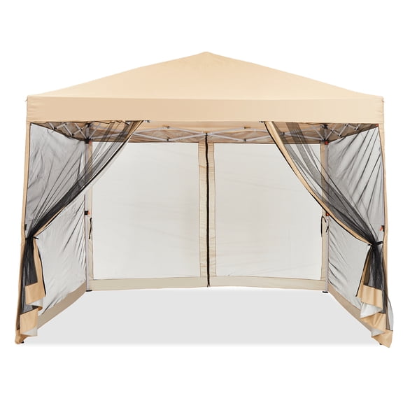 10x10ft Pop Up Canopy Tent, Outdoor Gazebo with Mesh Mosquito Netting & Removable Sidewalls, Waterproof UV Protection Portable Sun Shelter for Patio, Beach, Backyard, Events, Khaki