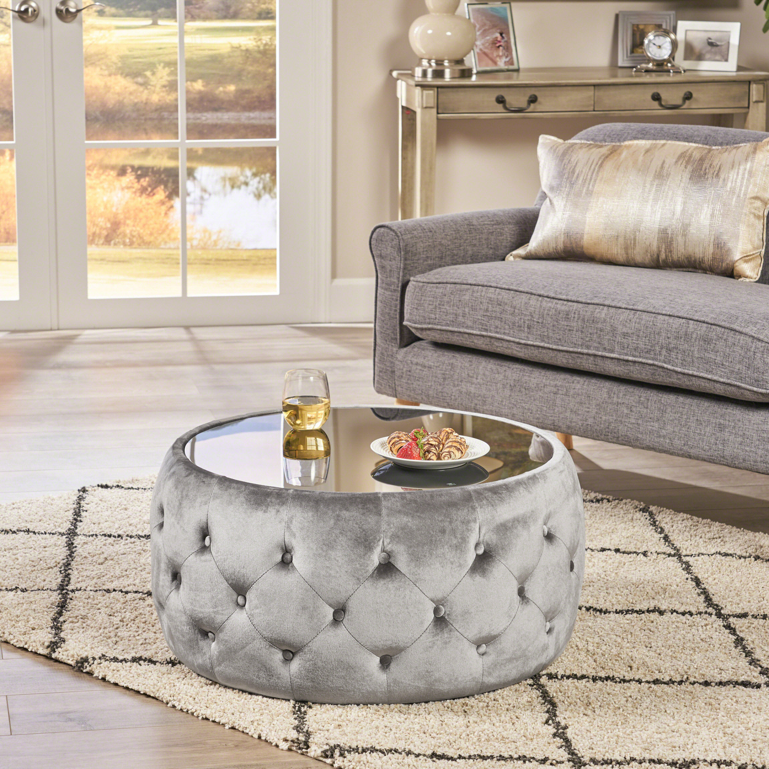 Noble House Merna Glam Velvet and Tempered Glass Ottoman Coffee Table,  Smoke