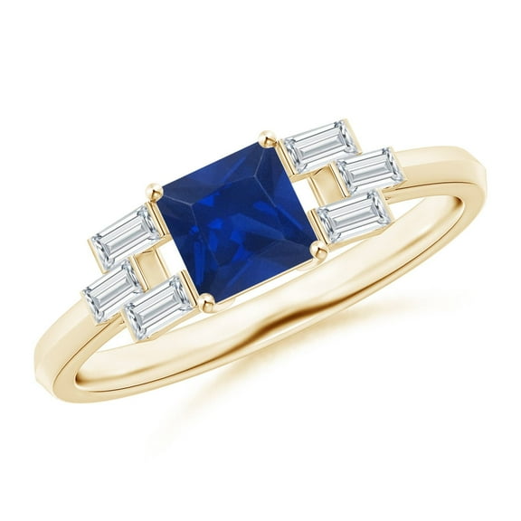 ANGARA Natural Square Sapphire & Baguette Diamond Rectangle Link Ring in 14K Yellow Gold for Women (Size-5mm) | September Birthstone, Anniversary, Jewelry Gift for Women | Natural Blue Sapphire Ring
