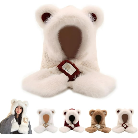 Plush Bear Ear Hooded Scarf for Women, 3 in 1 Faux Fur Hooded Scarf Hat Set with Bear Ears, Winter Windproof Warm Hat Scarf Set