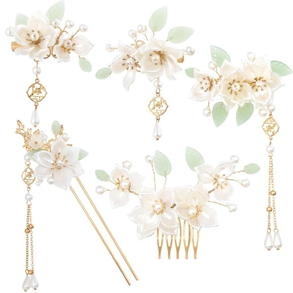 5pcs Camellia Flower Tassel Hair Pins Vintage Chinese Floral Hair Comb Clip for Women Wedding/Parties