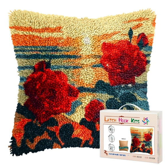 Seaside Sunset and Roses DIY Latch Hook Pillow Kits for Adults Printed Pillowcase Crochet Yarns Hooking Handmade Pillow Cover Cushion for Home Sofa Decoration 17x17inch