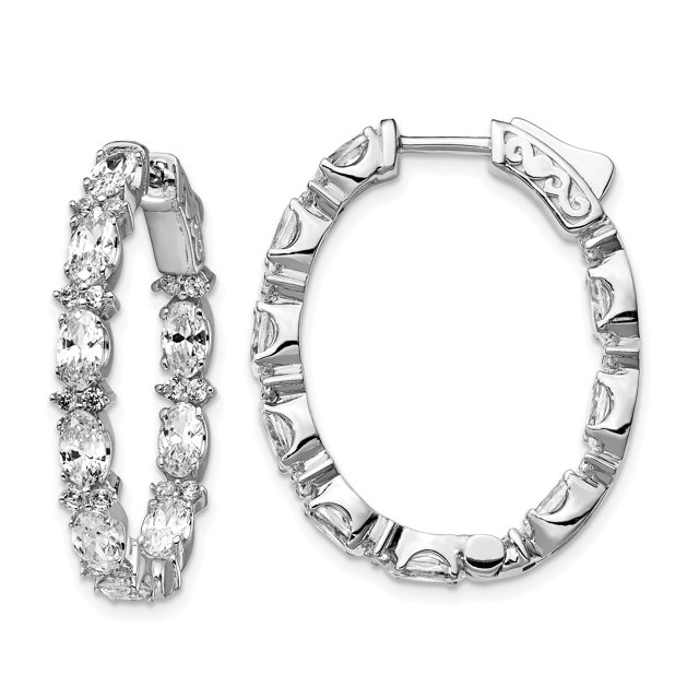 925 Sterling Silver Cubic Zirconia Cz Oval Hinged Hoop Earrings In/out