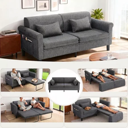 Sailvan 74" 5-in-1 Convertible Sofa Bed, Pull Out Sleeper Couch with Storage & 2 Pillows, Luxury Linen Loveseat for Studios