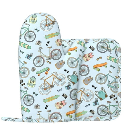 

Oven Mitts and Pot Holders Sets Bike scooter Pattern Non-Slip Silicone Oven Gloves Potholders Cotton Lining Heat Resistant Gloves Hot Pads for Kitchen Cooking Baking