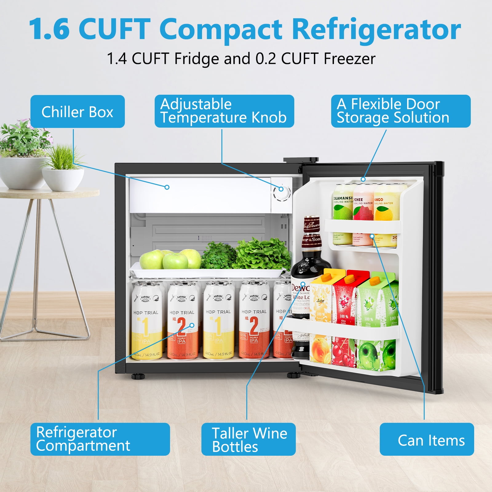 KNDKO 1.6 Cu.ft Mini Fridge with Freezer, Compact Refrigerator with Single Reversible Door, Ultra Quiet, Energy Efficient for Office, Dorm, Bedroom, Apartment, Black