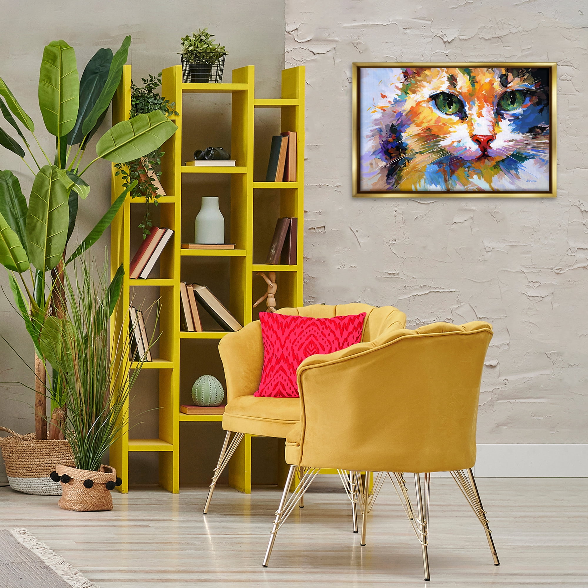 Stupell Industries Manx Cat Gaze Animals & Insects Painting Gold Floater Framed Canvas Art Print Wall Art, 25 x 17