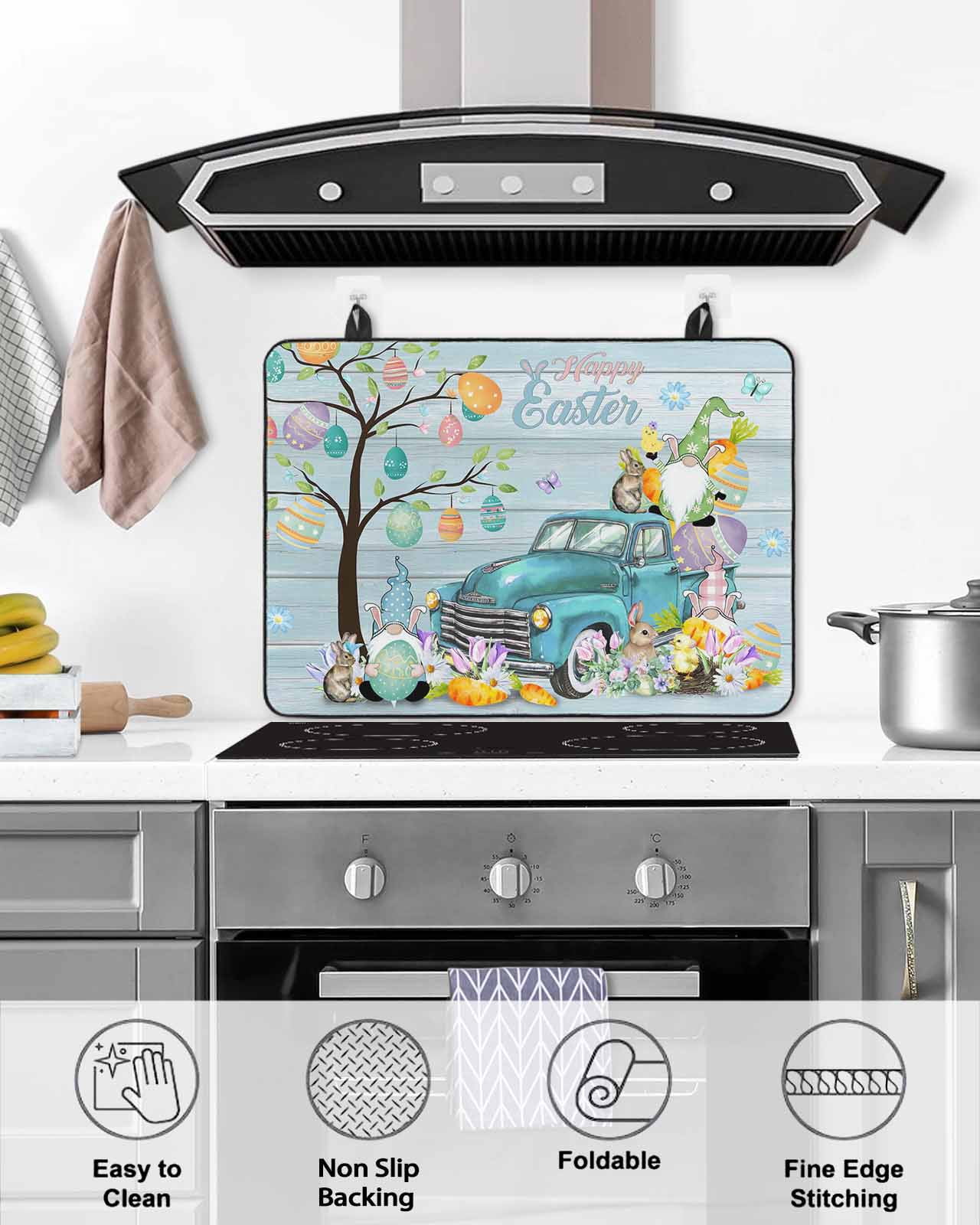 Large Induction Cooktop Protector Mat Easter Stove Top Covers for Electric Stove, Turquoise Truck Eggs Gnomes Rabbit Wooden Grain Decorative Stove Burner Cover Mats, Glass Top Stove Cover
