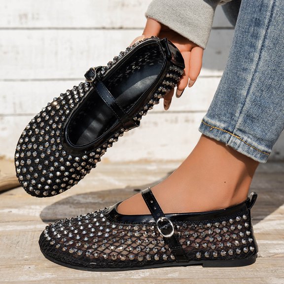 Samdudou Dress Shoes for Women Closed Toe Mary Jane Flats Edgy All Over Spiked Stud Embellishments Sheer Breathable Mesh Slip On Summer Evening Party Chic Footwear