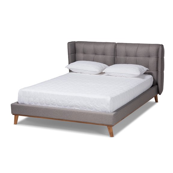 Baxton Studio Gretchen Modern and Contemporary Grey Fabric Upholstered and Walnut Brown Finished Wood Queen Size Platform Wingback Bed