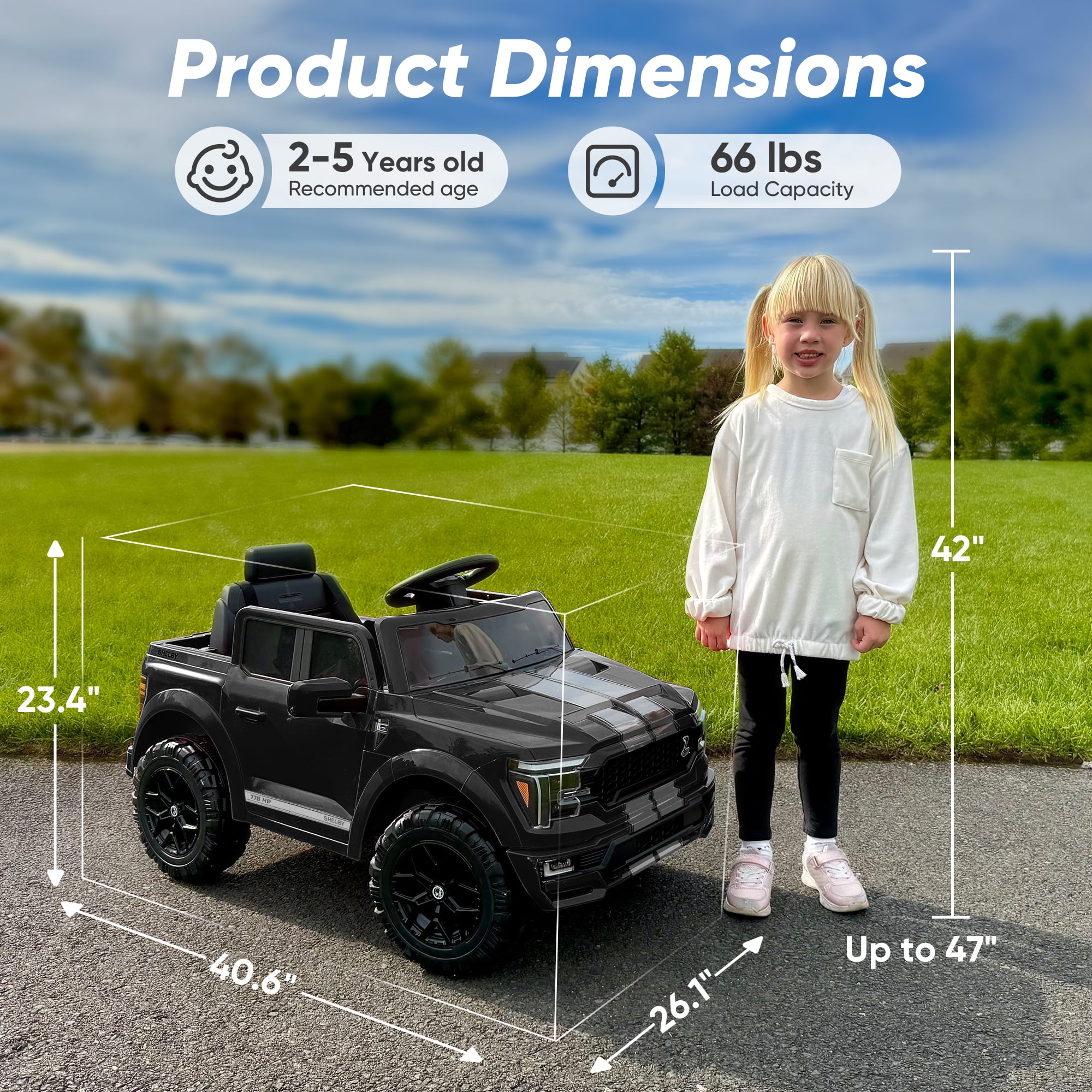 Hikiddo Electric Car for Kids, Licensed Ford-Shelby F-150 12V Ride on Truck Toys for Toddlers w/ Remote, 2-Hour Drive Time - Black