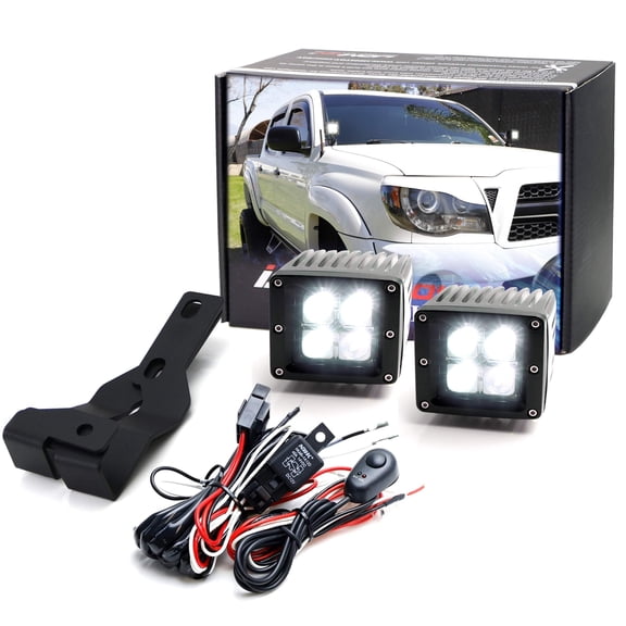 A-Pillar LED Pod Light Kit For 2005-2015 Toyota Tacoma, Includes (2) 20W High Power LED Cubes, Windshield A-Pillar Mounting Brackets & On/Off Switch Wiring Kit
