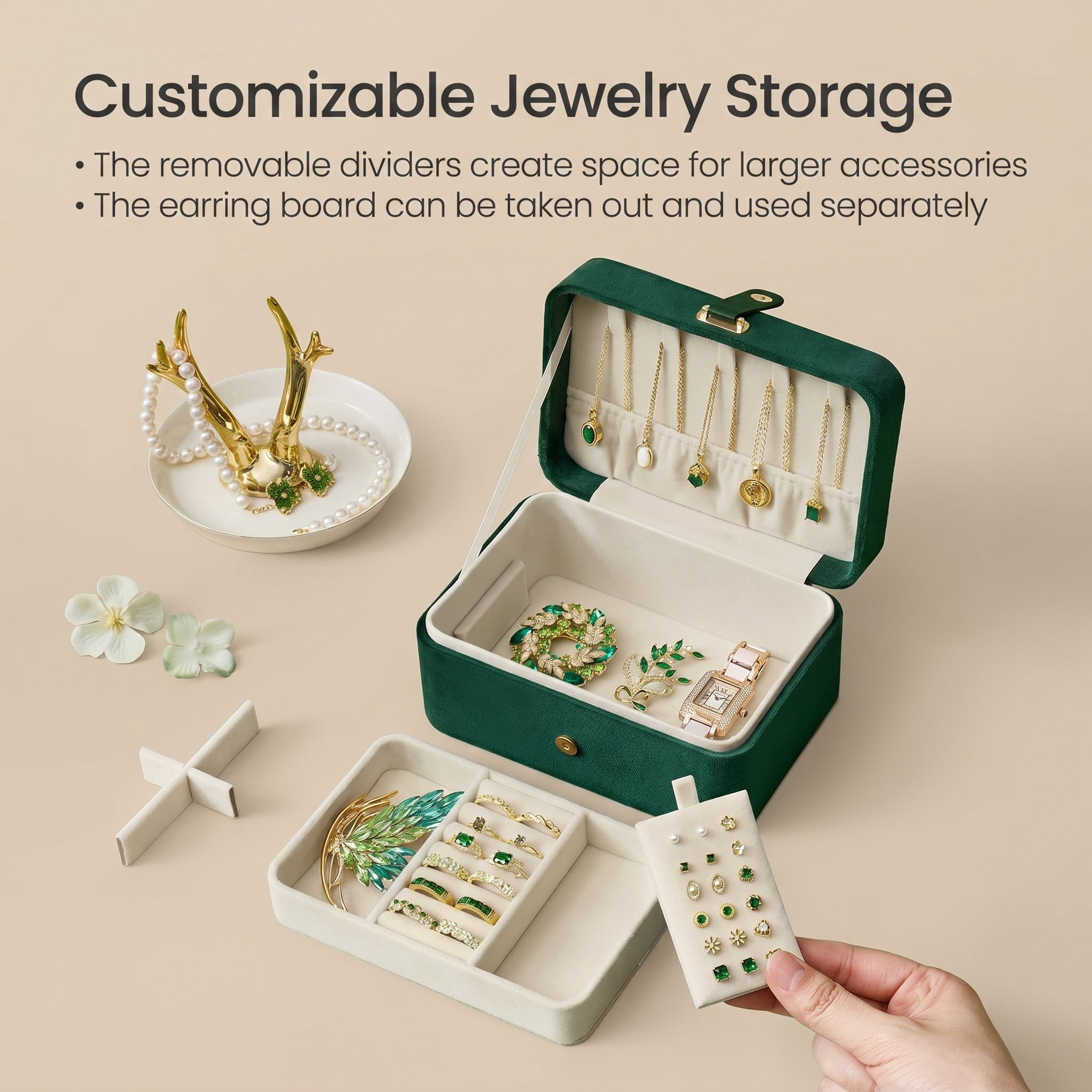 Nordic Hygge 2-Layer Portable Travel Jewelry Case, Retro Green Luxe Organizer