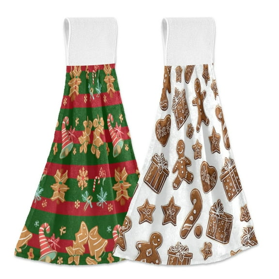 IAUYY Kitchen Hanging Towels Set of 2 100% Polyester Absorbent, Super Soft Hand Towels with Hanging Loops for Bathroom Kitchen Gingerbread Ornaments Gingerbread Frosting