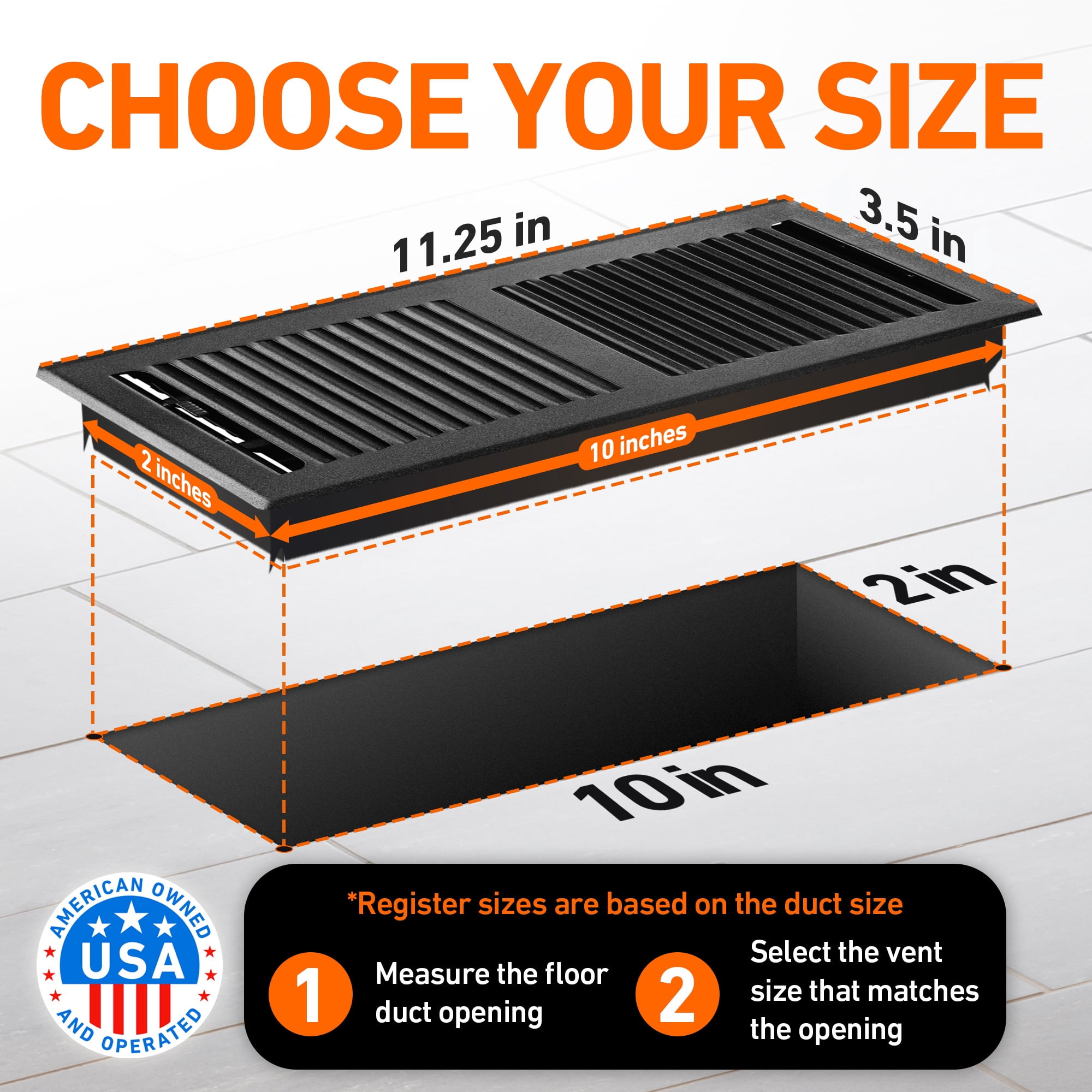 2X10 Floor Vent Covers Floor Register with Mesh Cover Trap, Heat and Air, Walkable Metal Floor Vent for HVAC Duct, Contemporary, Matte Black