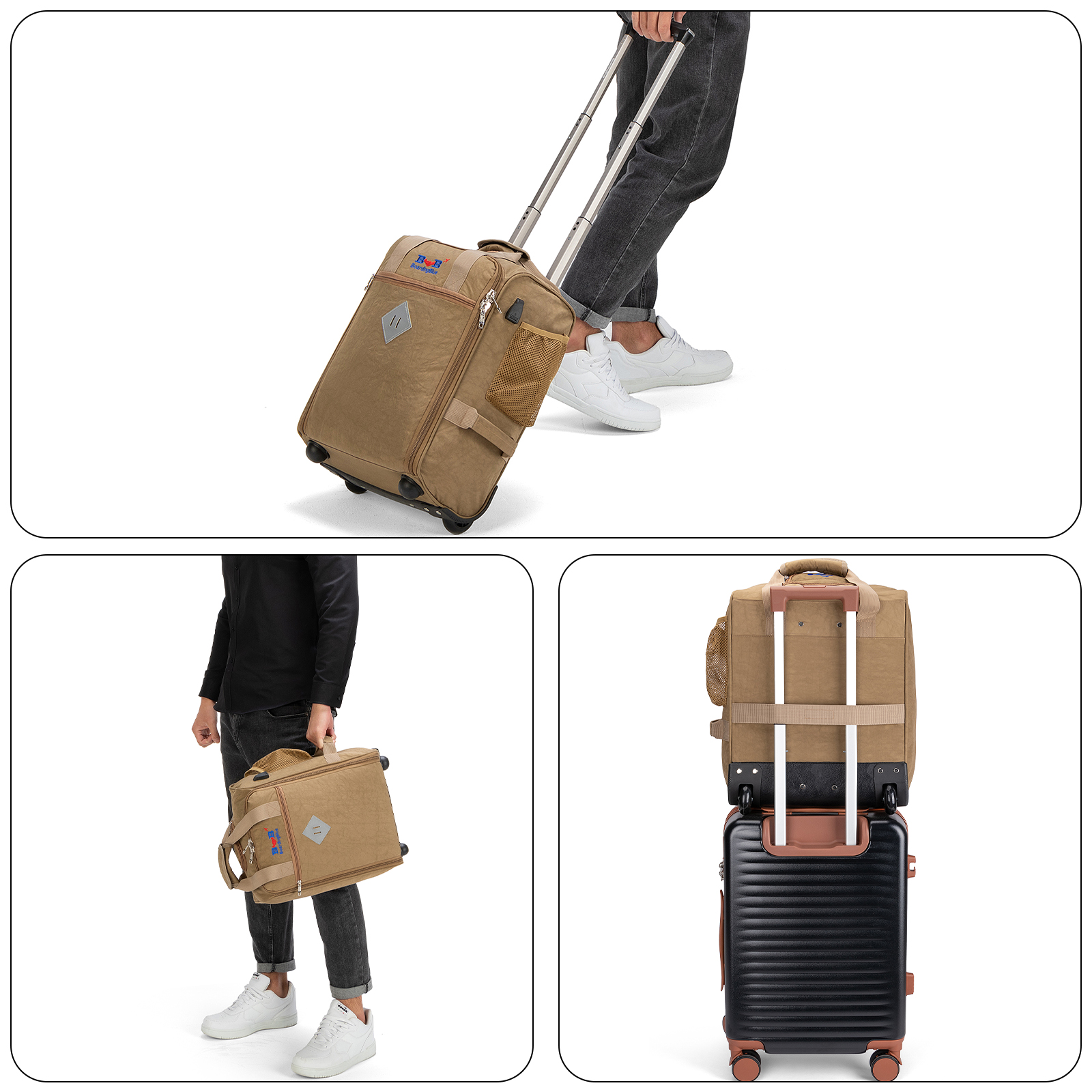 For JetBlue Airlines 17x13x8 Inches Rolling Personal Item Underseat Rolling Travel Bag - Suitable for Major Airlines including Spirit, Jetblue and Frontier- Duffel Bag Design (Beige)