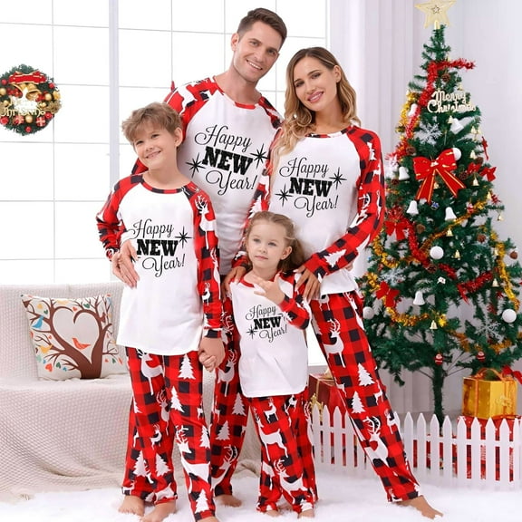 Family Christmas Pajamas Matching Sets, Cute Christmas HAPPY NEW YEAR Printed 2 Piece Sleepwear, Holiday PJs Jammies for Couples/Women/Men