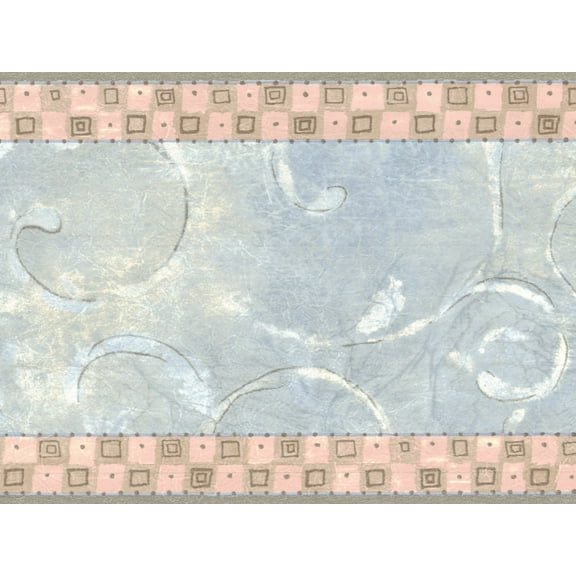 Dundee Deco Prepasted Wallpaper Border - Damask Blue, Grey, Pink Scrolls, 15 ft x 6.4 in