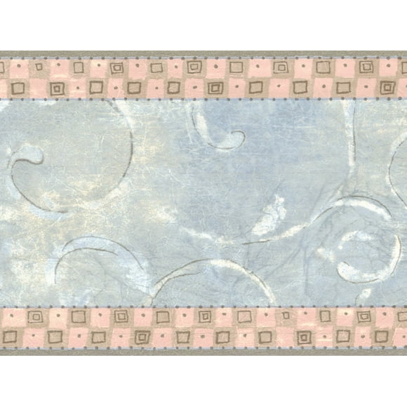 Dundee Deco's Prepasted Wallpaper Border - Damask Blue, Grey, Pink Scrolls Wall Border Retro Design, 15 ft x 6.4 in (4.57m x 16.26cm)