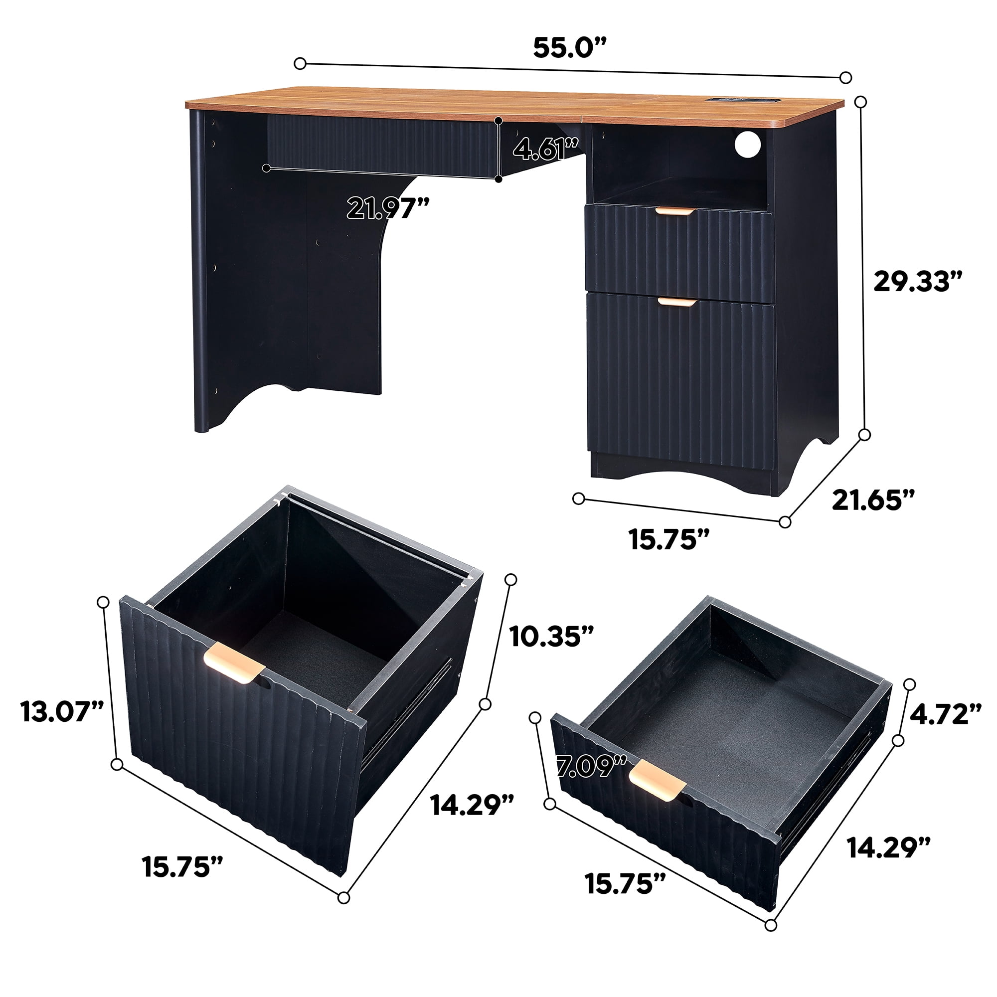 Haooyeah 55 Inch Black Computer Desk with Charging Station, Adjustable File Cabinet, Open Storage, Vertical Fluted 2-in-1 Keyboard Tray Drawer