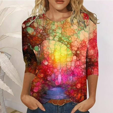 

SHUDAGENG Plus Size Tops for Womens 3/4 Sleeve Round Neckline Floral Chemise Yellow XL