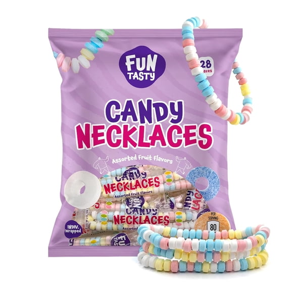 Funtasty Candy Necklaces - Party Favors - Valentines Candy, Fruit Flavors, Individually Wrapped, Stretchable, 21-Ounce Bag (28 Count)