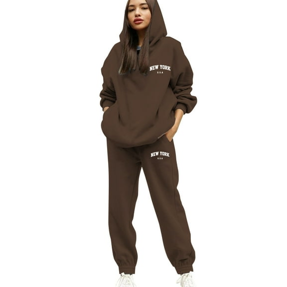 NEW YORK Graphic Tracksuit Men 2 Piece Set Casual Workout Hoodies and Joggers Sweatsuits Sets Outfits with Pockets Coffee L