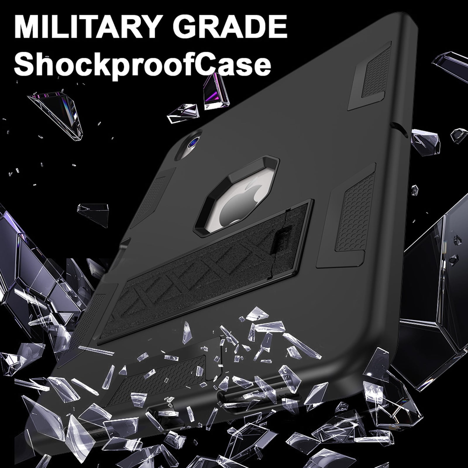 Rugged Case for Apple iPad Air 11 Inch M4 M3 M2 2026 2025 2024, Heavy Duty Shockproof Back Cover with Kickstand & Pencil Holder Shock-Absorbent TPU+PC Case for iPad Air 11, Black