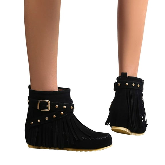 Fringe Ankle Boots for Women Boho Winter Fall Suede Buckle Studded Flat No Heel Mid Calf Short Booties