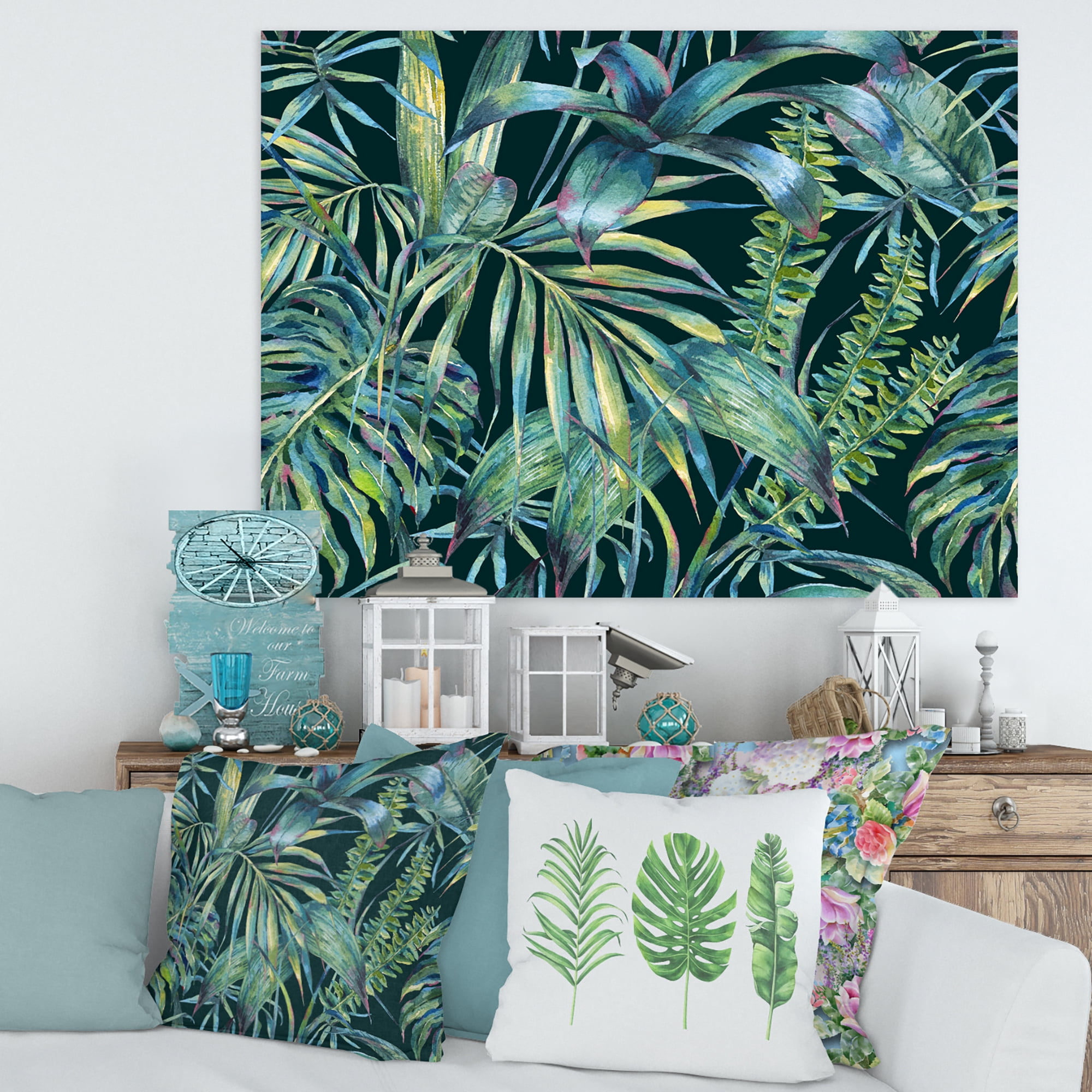 Designart ' Natural Green Leaves Exotic On Dark I ' Tropical Canvas Wall Art Print