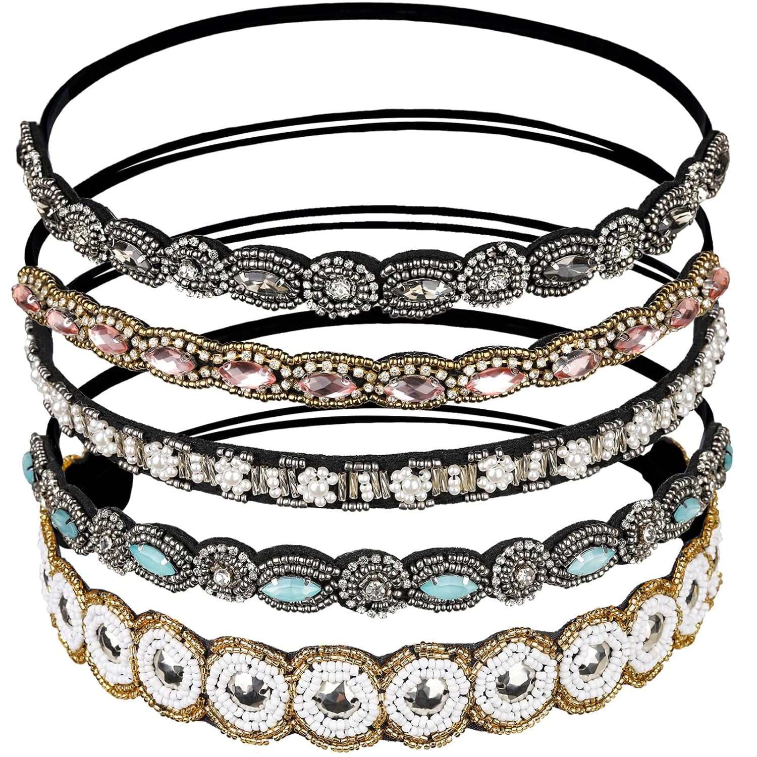 5pcs Elastic Beaded Headbands, Jewels Hairbands Hat Bands, Crystal Rhinestone Headband for Women Girls