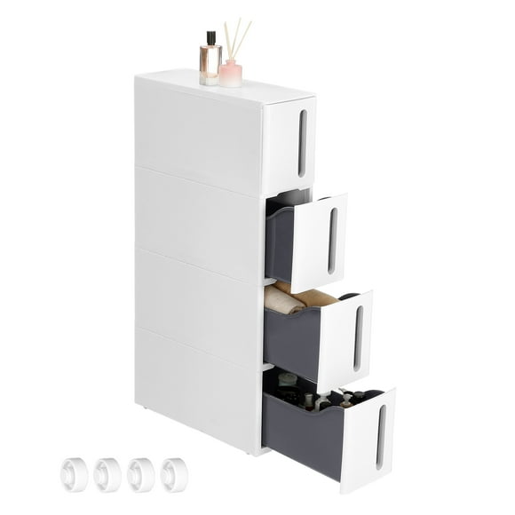 SONGMICS Cajonera estrecha, Carrito estrecho, Organizador estrecho con 4 cajones, Deslizable con ruedas extraíbles, Almacenaje baño, PP, Ahorro espacio, 45 x 17 x 83 cm, Blanco y Gris